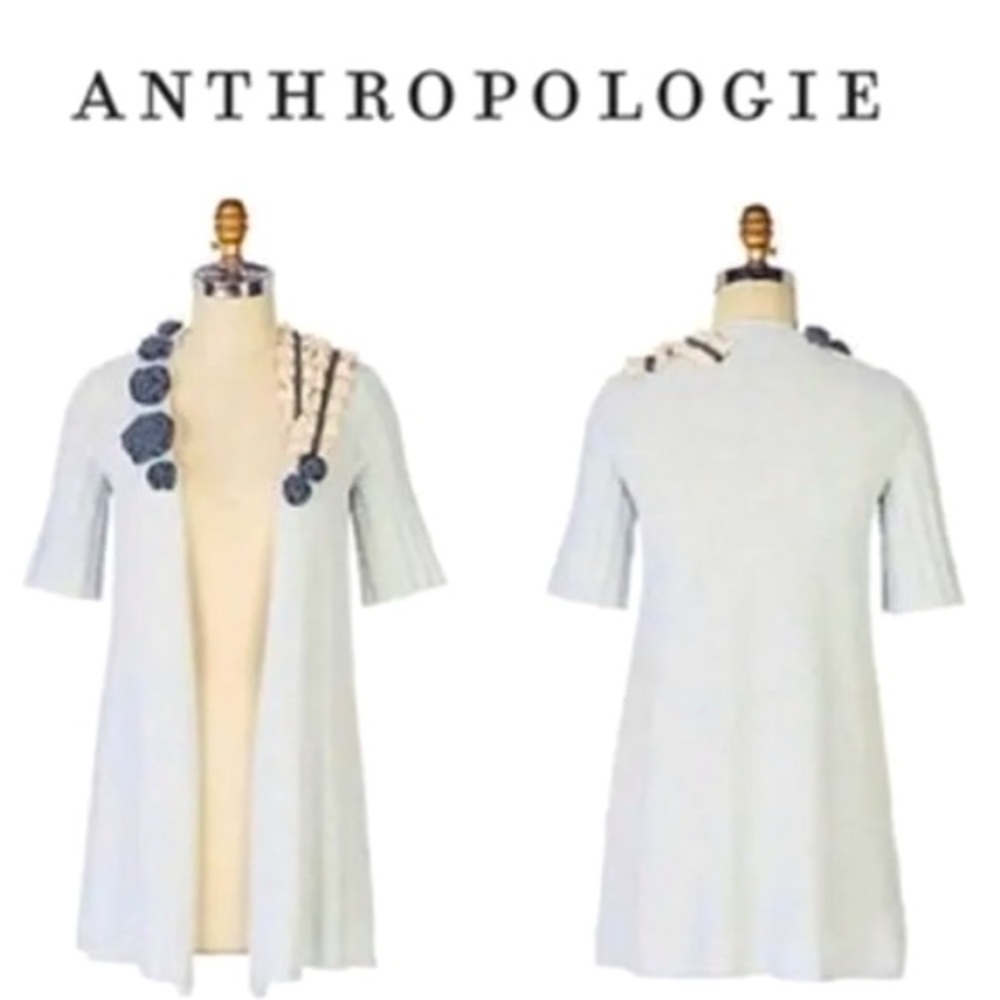NWT MOTH ANTHROPOLOGIE Falling Skies Cardigan Blue Knit Flower Appliqué Sweater